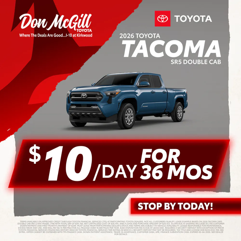 Lease 2026 Tacoma SR5 Double Cab – $10/day for 36 months | Don McGill Toyota