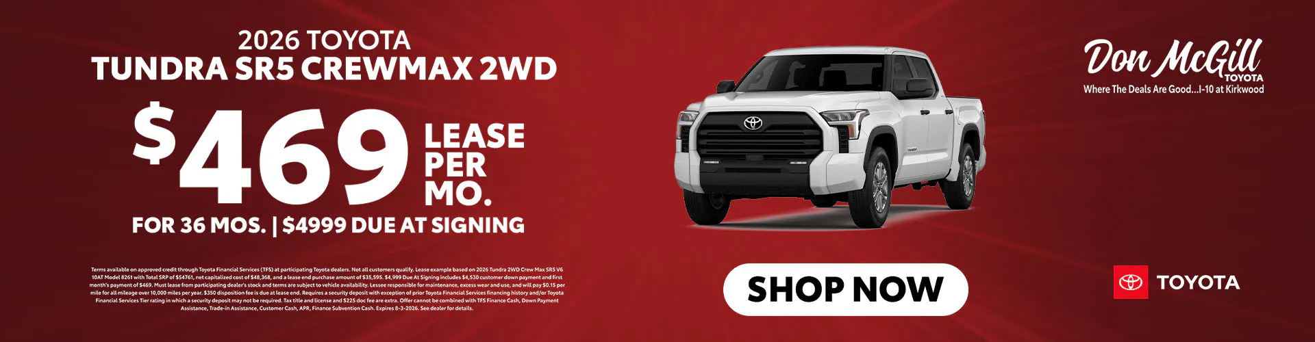 Lease 2026 Tundra SR5 CrewMax – $469/Month for 36 months
