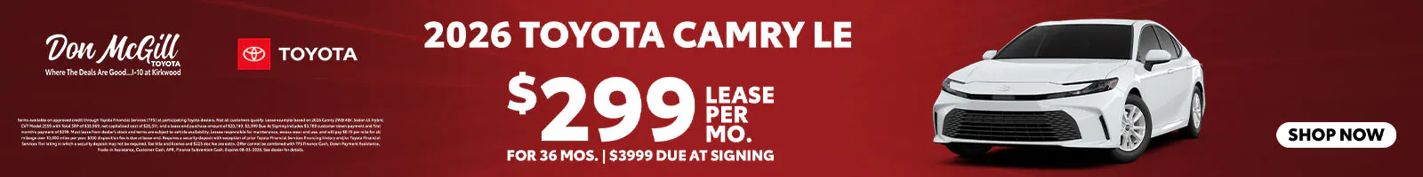 Lease 2026 Camry LE – $299/Month for 36 months