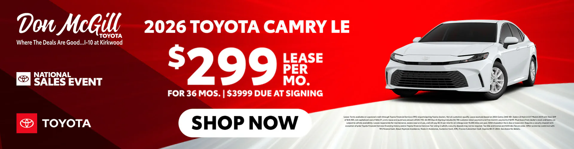 Lease 2026 Camry LE – $299/Month for 36 months
