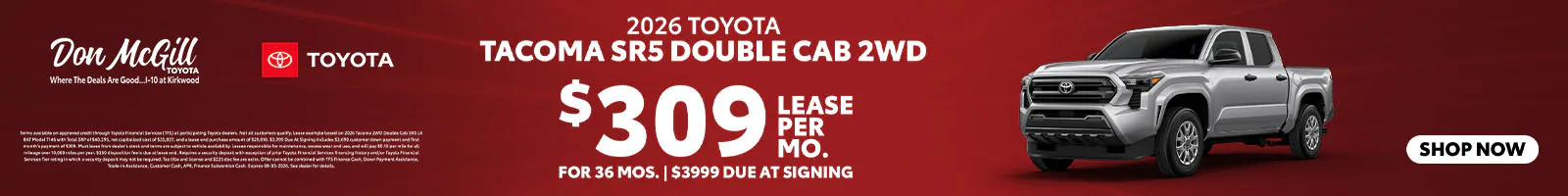 Lease 2026 Tacoma SR5 Double Cab – $309/Month for 36 months
