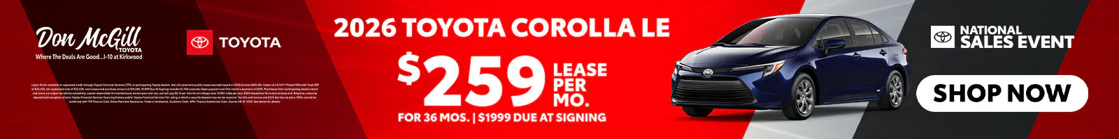 Lease 2026 Corolla LE – $259/Month for 36 months