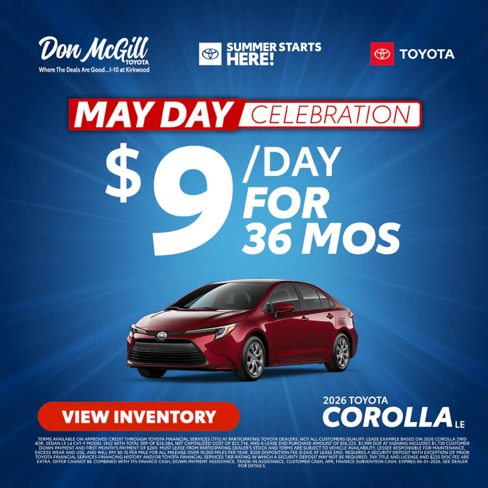 Lease 2026 Corolla LE – $9/day for 36 months