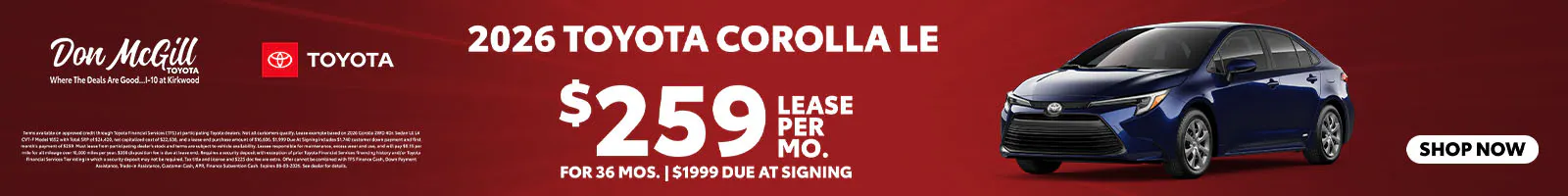 Lease 2026 Corolla LE – $259/Month for 36 months