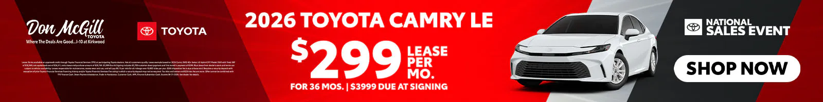 Lease 2026 Camry LE – $299/Month for 36 months