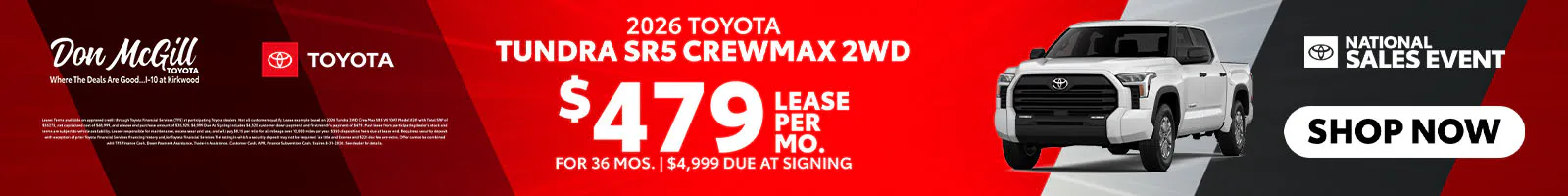 Lease 2026 Tundra SR5 CrewMax – $479/Month for 36 months