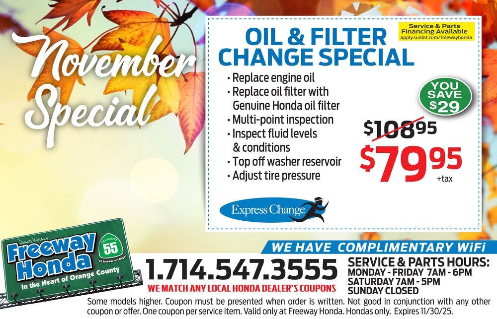 Oil filter and change special | Freeway Honda