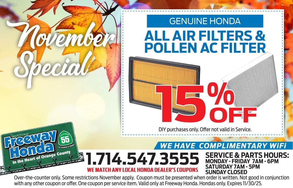 15% OFF All Air Filters & Pollen AC Filter | Freeway Honda
