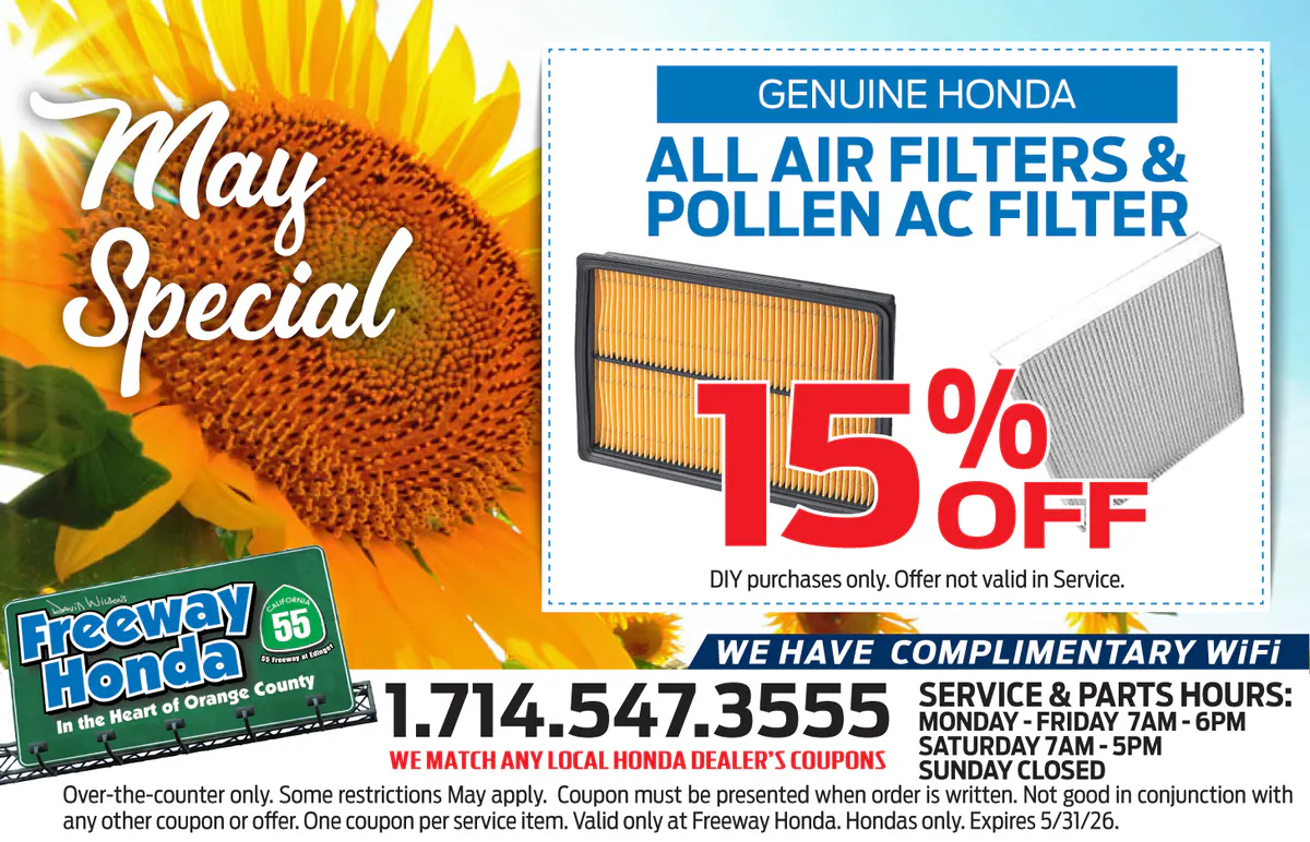 15% OFF All Air Filters & Pollen AC Filter | Freeway Honda