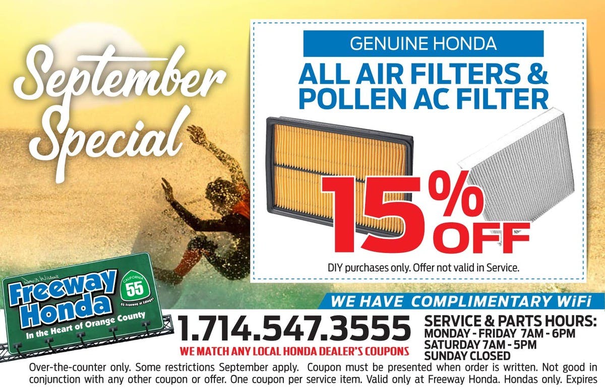 15% OFF All Air Filters & Pollen AC Filter | Freeway Honda