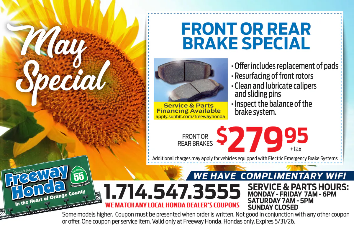 FRONT OR REAR BRAKE SPECIAL | Freeway Honda
