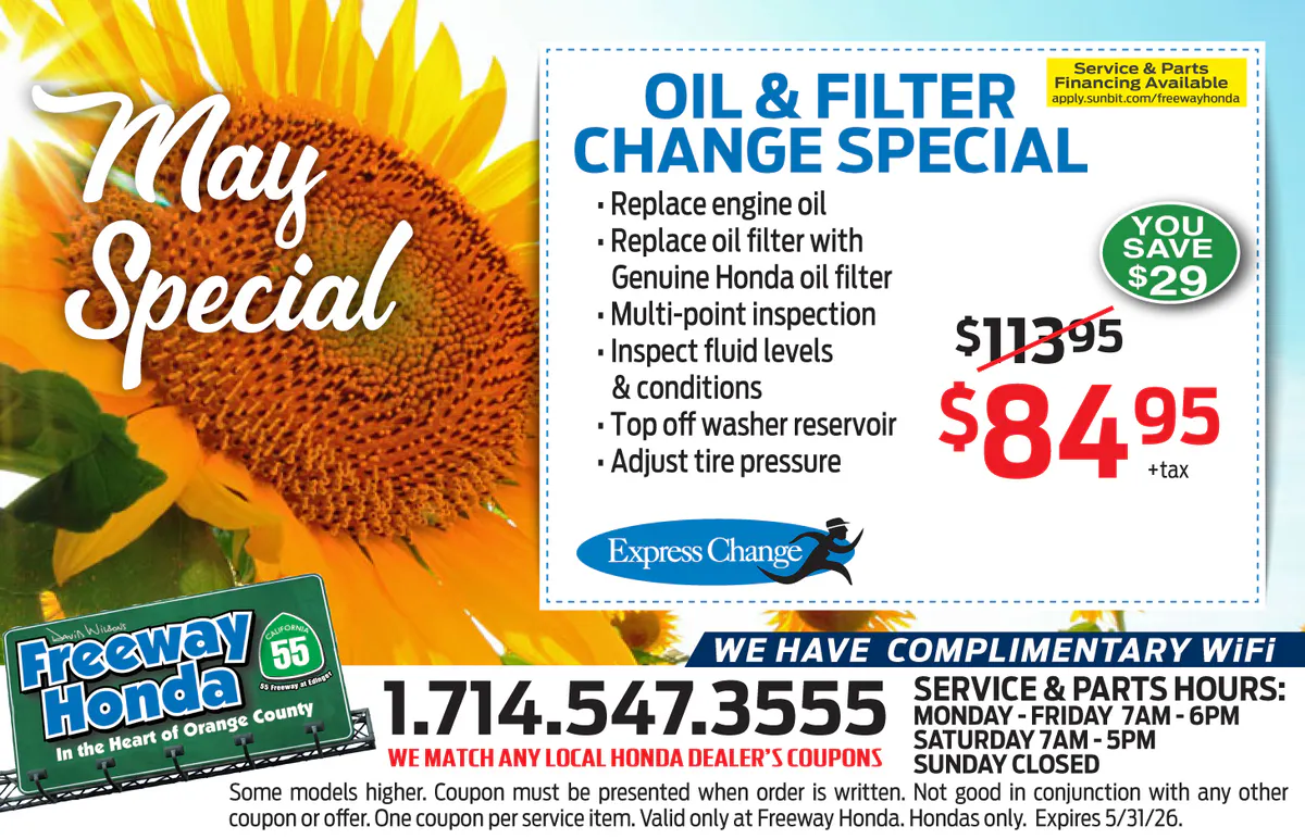 Oil & Filter Change Special | Freeway Honda