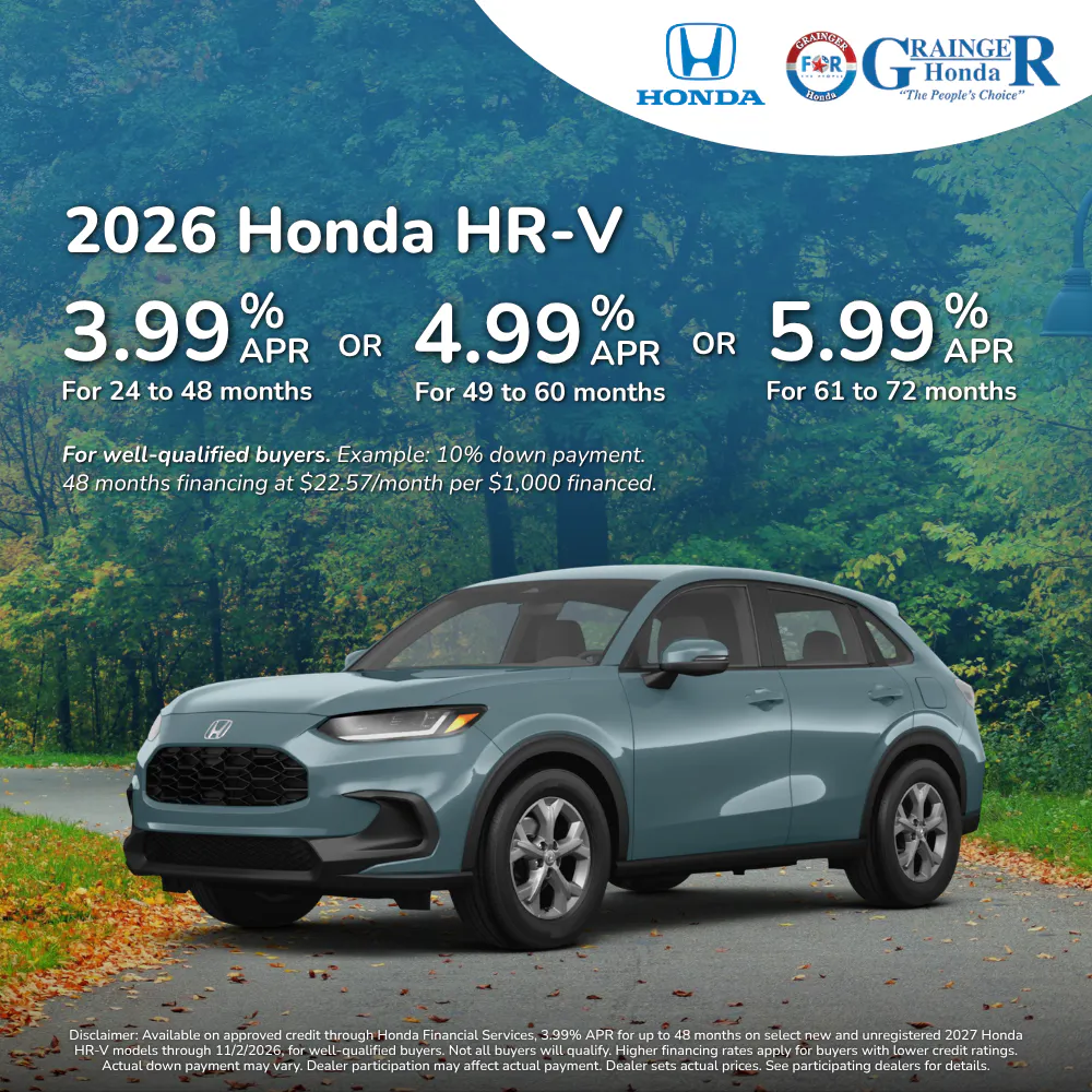 2027 Honda HR-V 3.99% APR for 24–48 months or 4.99% APR for 49–60 months or 5.99% APR for 61–72 months |  Grainger Honda