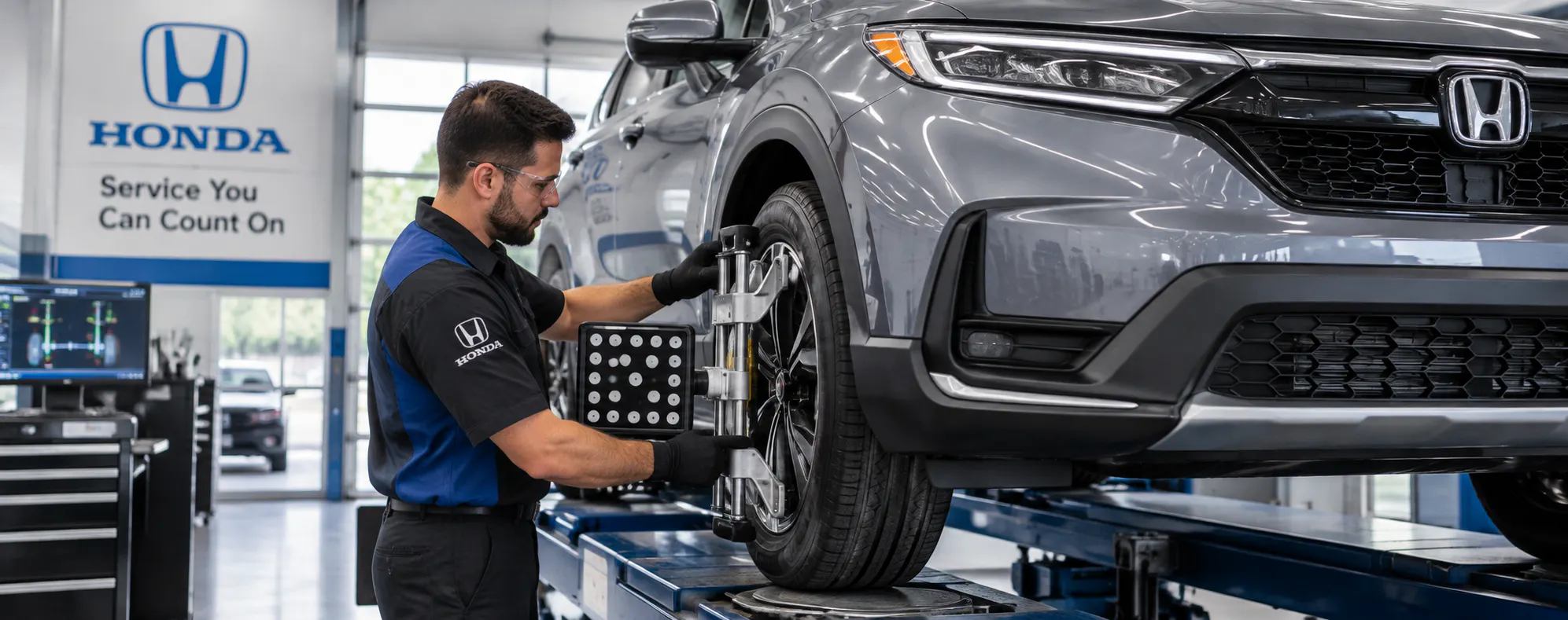Vehicle receiving professional wheel alignment service
