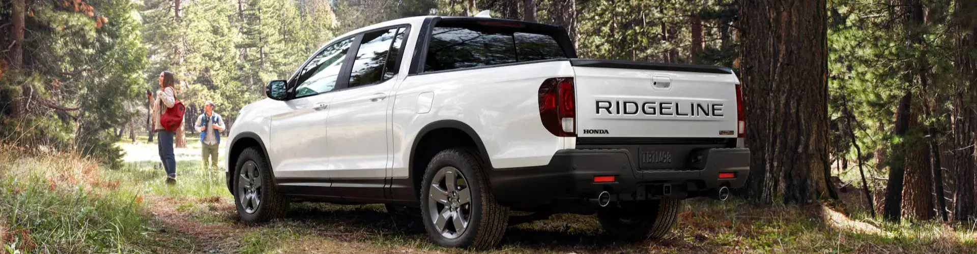 White Honda Ridgeline parked in the woods