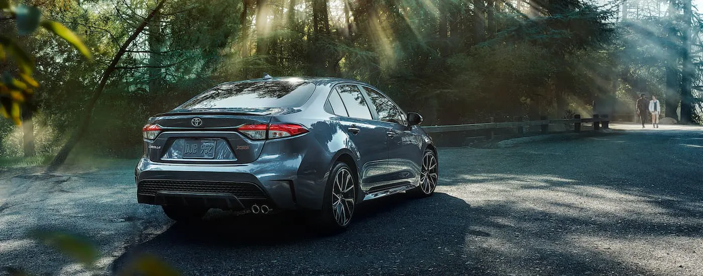 Rear of a grey 2020 Toyota Corolla XSE parked on a road.