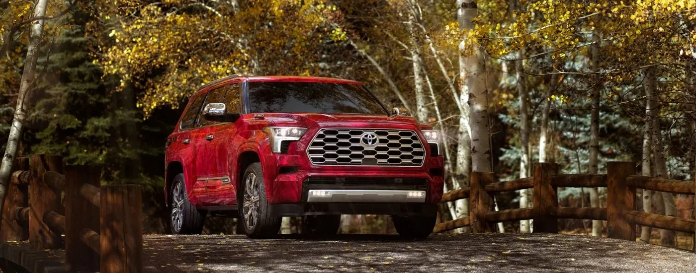Red 2023 Toyota Sequoia Capstone driving down a woodland road
