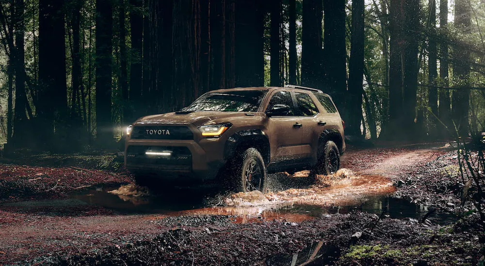 Brown 2026 Toyota 4Runner driving off-road in a forest.