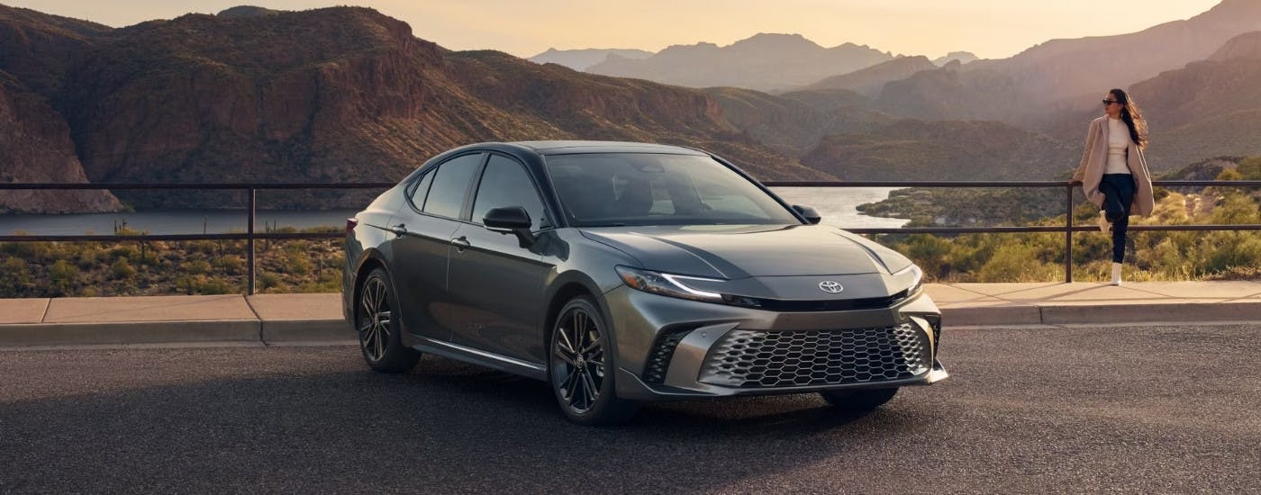 A grey 2026 Toyota Camry from the front.