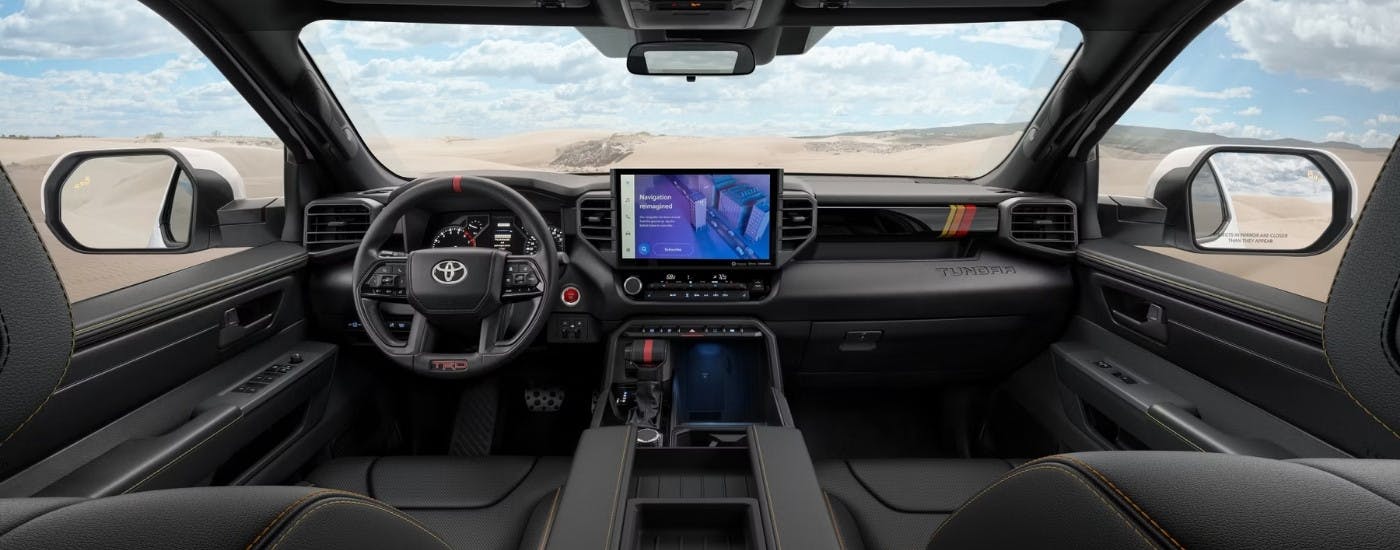 The black interior of a 2025 Toyota Tundra.