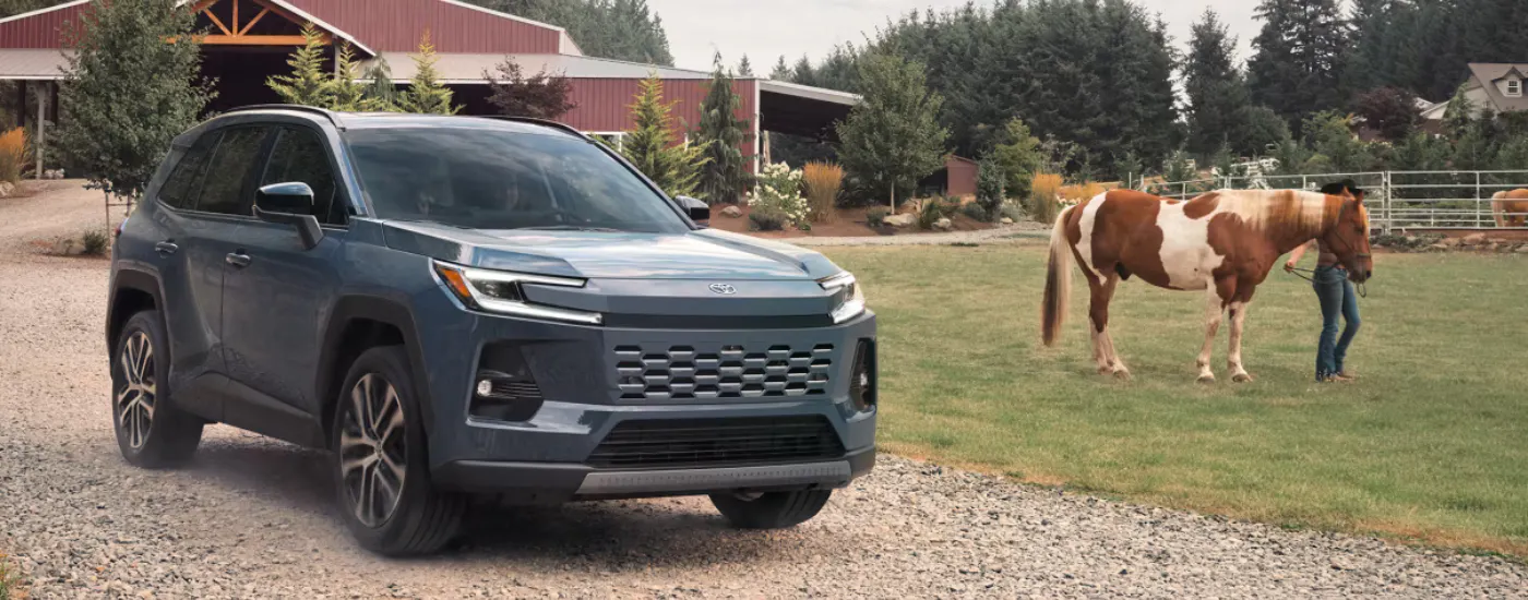 Blue 2026 Toyota RAV4 parked next to a horse