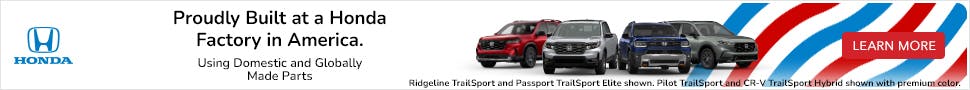 Lineup of Honda TrailSport vehicles with American flag theme and 'Proudly Built at a Honda Factory in America' message