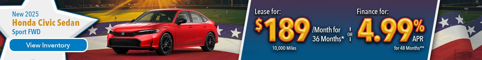 New 2025 Honda Civic Sedan Lease For $189 Per Month