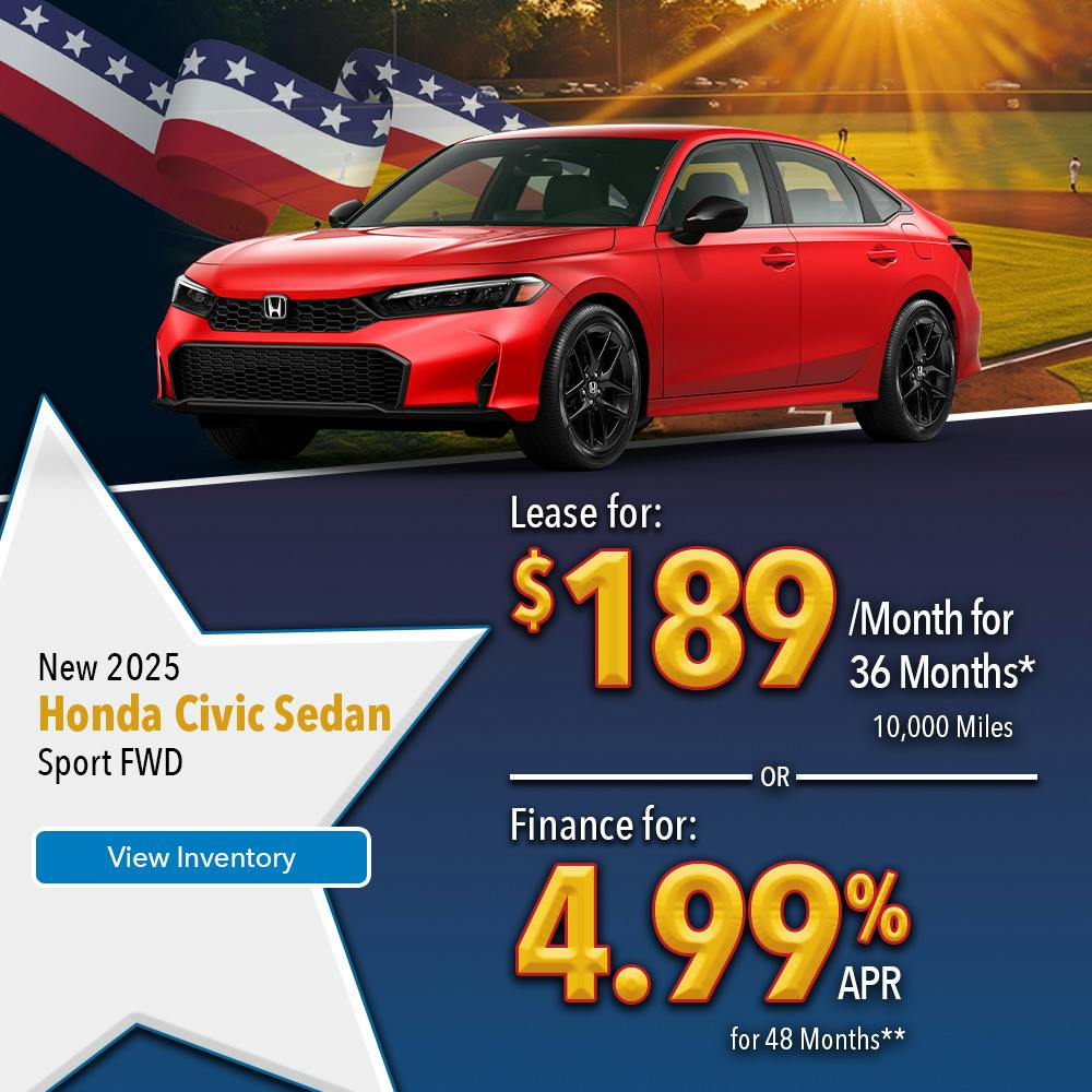 New 2025 Honda Civic Sedan Lease for $189 Per Month | Lundgren Honda of Greenfield