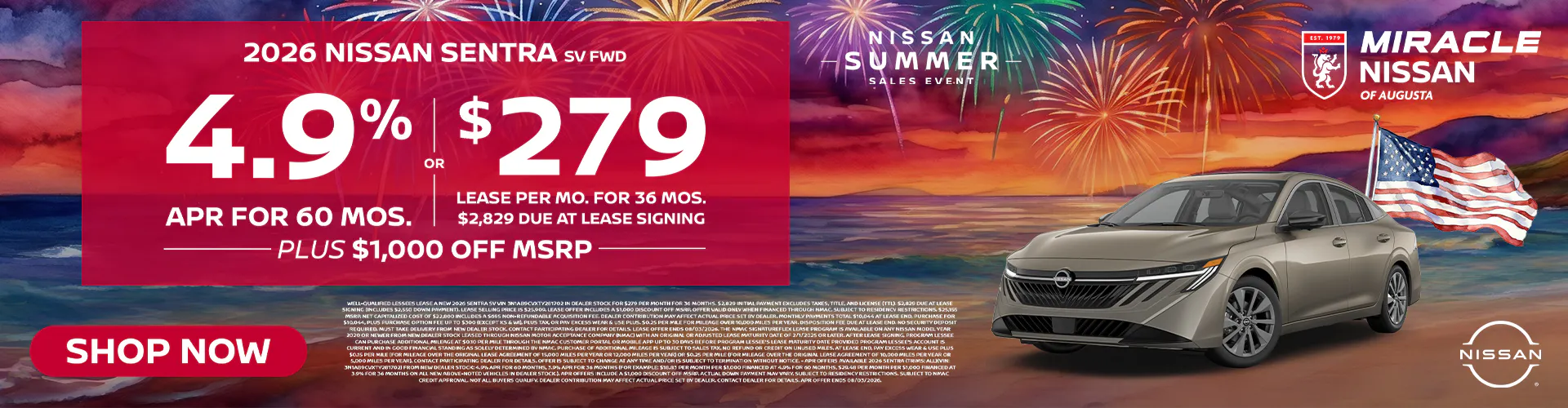 2026 New Nissan Sentra $279/mo for 36 mo w/ $2,829 DAS  –  4.9% for 60 mos