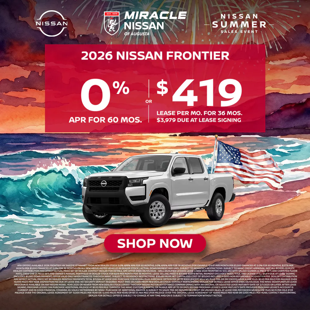 2026 New Nissan Frontier 0% APR for 60 mo  –  $419/mo for 36 mo w/ $3,979 DAS