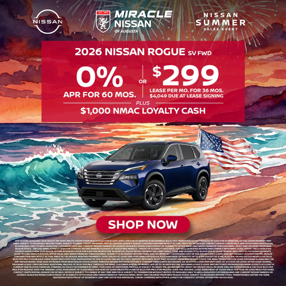 2026 New Nissan Rogue 0% APR for 60 Months plus $1,000 NMAC Loyalty Cash; $299/mo for 36 mo w/ $4,049 DAS plus $1,000 NMAC Loyalty Cash