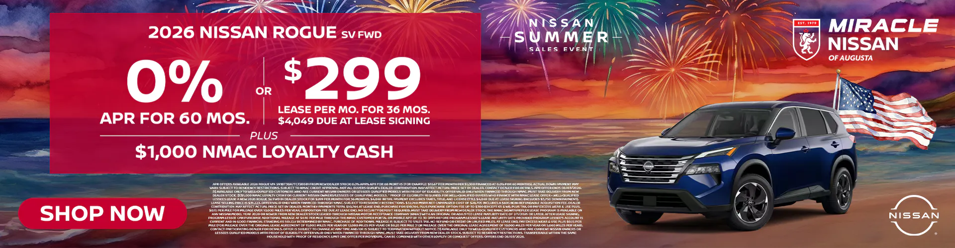 2026 New Nissan Rogue 0% APR for 60 Months plus $1,000 NMAC Loyalty Cash; $299/mo for 36 mo w/ $4,049 DAS plus $1,000 NMAC Loyalty Cash