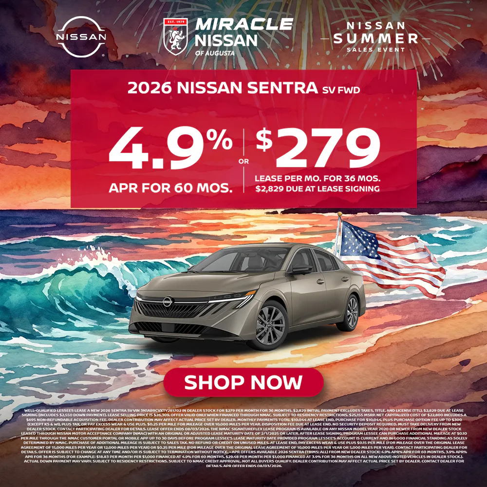 2026 New Nissan Sentra $279/mo for 36 mo w/ $2,829 DAS  –  4.9% for 60 mos