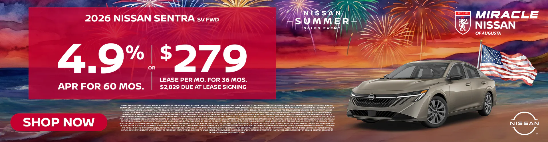 2026 New Nissan Sentra $279/mo for 36 mo w/ $2,829 DAS  –  4.9% for 60 mos