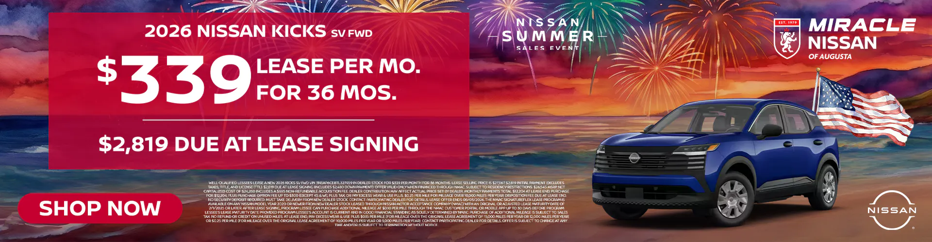2026 New Nissan Kicks SV FWD $339/mo for 36 mo w/ $2,819 DAS