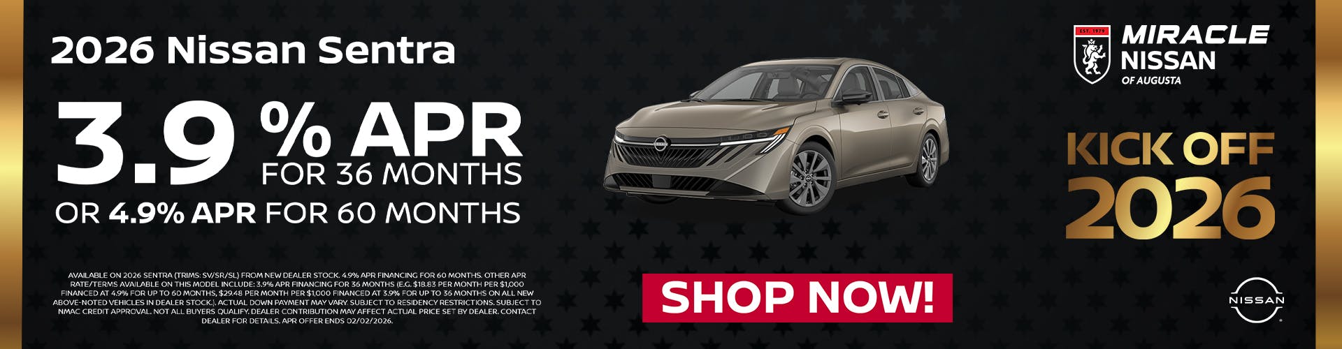 2026 Nissan Sentra 3.9: % APR FOR 36 MONTHS