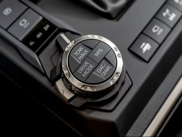 Close-up of Toyota Multi-Terrain Select control dial with options for Mud, Sand, Rock, and Snow