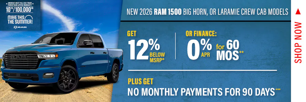 New 2026 RAM 1500 Big Horn, or Laramie Crew Cab Models | Shottenkirk Chrysler Dodge Jeep Ram Canton