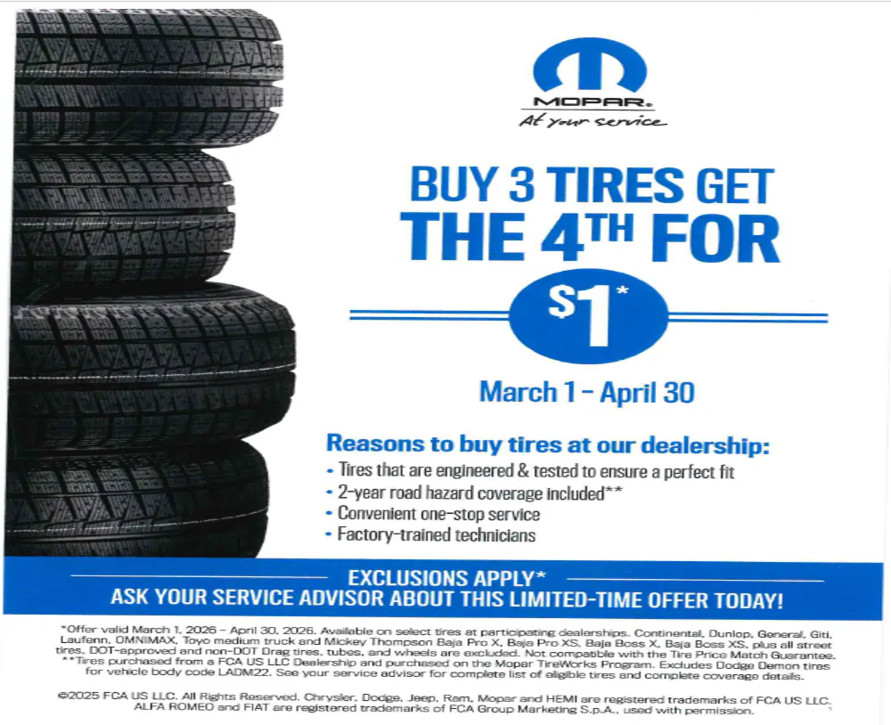 Buy 3 Tires. Get the 4th for $1 | Shottenkirk Chrysler Dodge Jeep Ram Canton