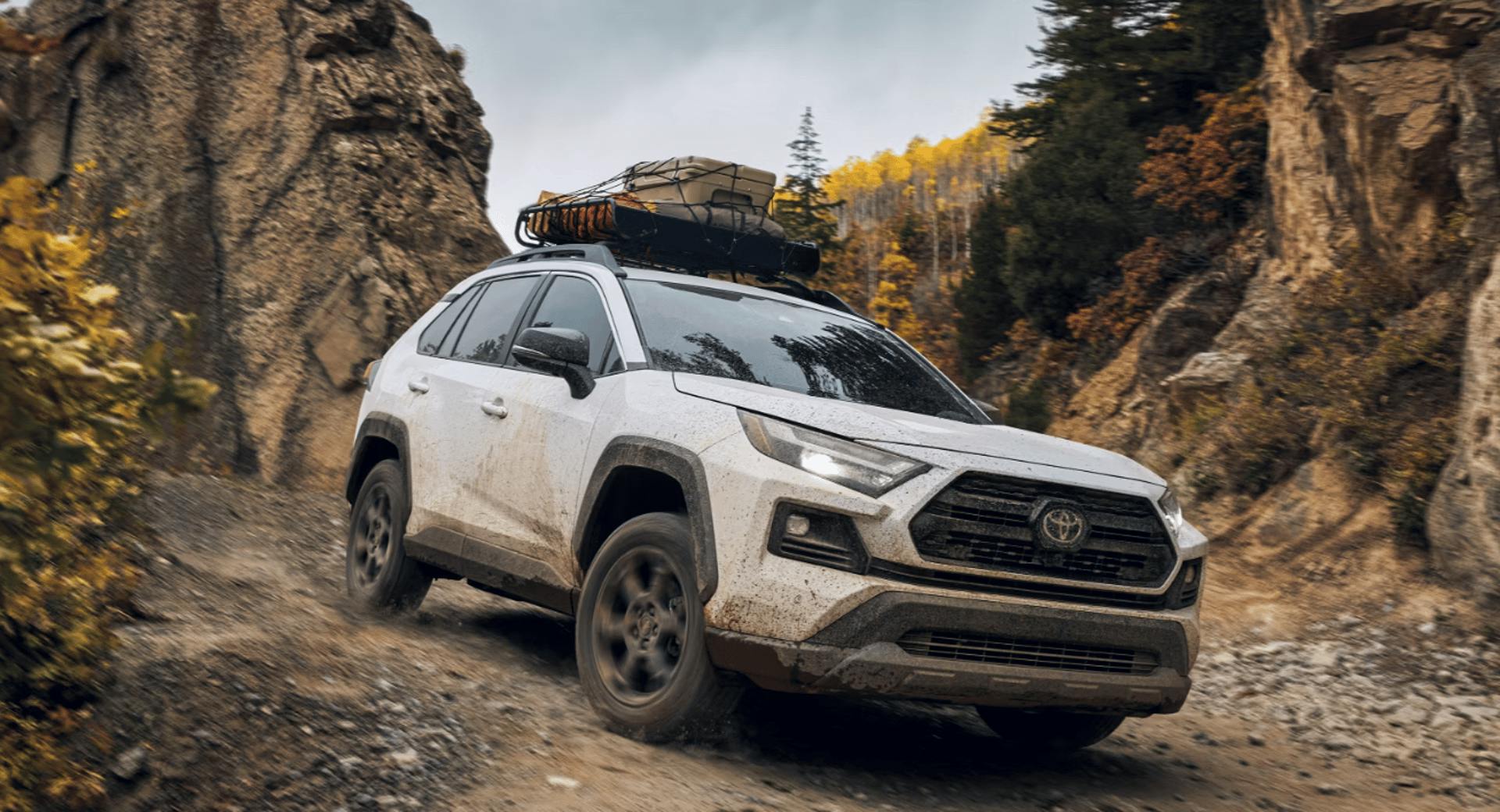 A Toyota Hybrid vehicle with roof rack descends a mountain road