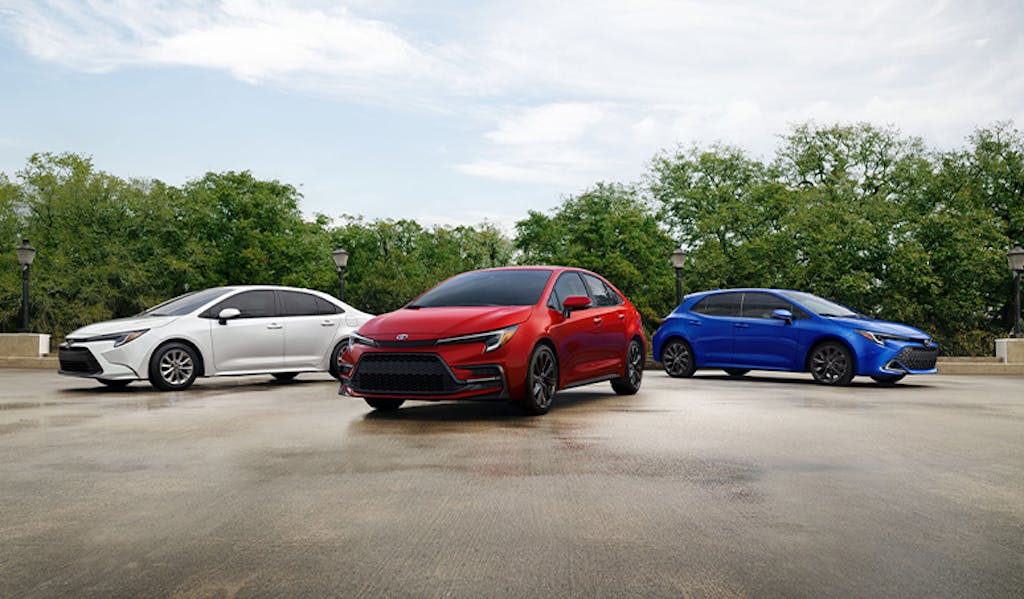 Most Fuel Efficient Toyota Models at Team Toyota of Glen Mills | Three different color Toyota Corollas parked beside each other