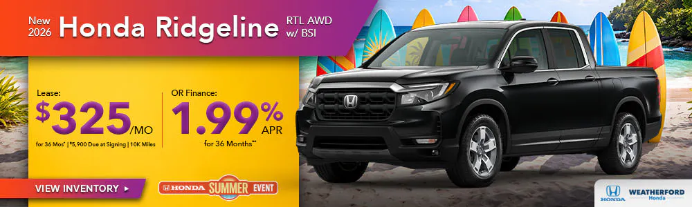 New 2026 Honda Ridgeline RTL AWD w/ BSI | Weatherford Honda