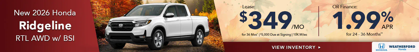 New 2026 Honda Ridgeline RTL AWD w/ BSI