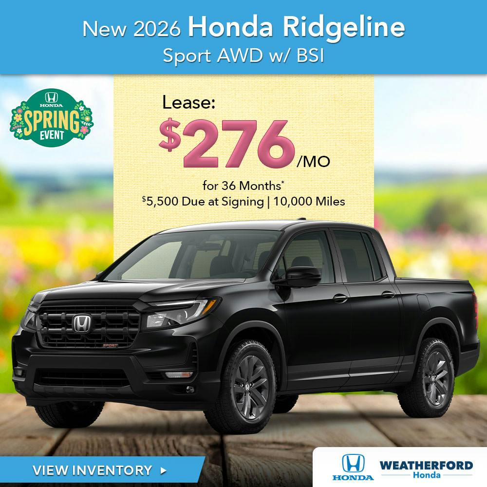 New 2026 Honda Ridgeline Sport AWD w/ BSI | Weatherford Honda